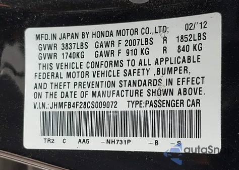 2012 Honda Civic Hybrid z USA, uszkodzony, nr VIN JHMFB4F28CS009072